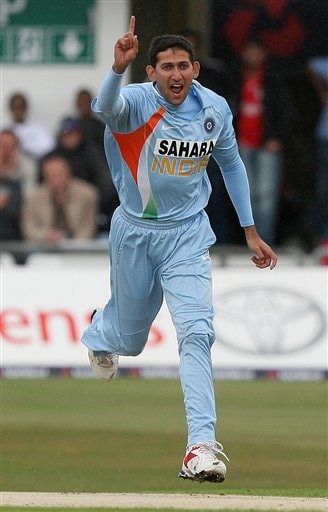 Ajit Agarkar celebrates taking the wicket of England's Alastair Cook during the fifth one day International match at Headingley Cricket ground in Leeds, England, Sunday Sept. 2, 2007. India v England - 5th ODI
