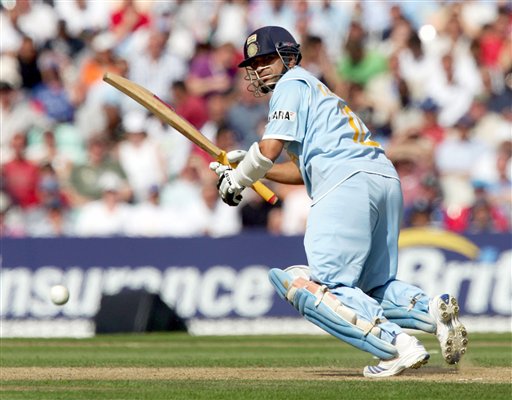 Sachin Tendulkar hits a ball from England's James Anderson during the sixth one day international cricket match at the Oval, London, Wednesday Sept. 5, 2007. India v England - 6th ODI