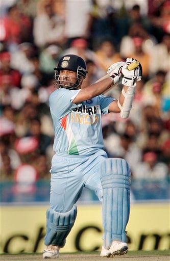 Sachin Tendulkar plays a shot against Pakistan during the second one day international cricket match in Mohali, India, Thursday, Nov. 8, 2007. Ind v Pak - 2nd ODI
