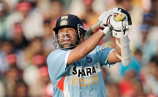 Sachin Tendulkar plays a shot against Pakistan during the second one day international cricket match in Mohali, India, Thursday, Nov. 8, 2007. Ind v Pak - 2nd ODI