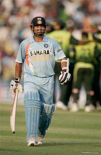 Sachin Tendulkar leaves the ground after his dismissal at 99 runs against Pakistan during the second one day international cricket match in Mohali, India, Thursday, Nov. 8, 2007. Ind v Pak - 2nd ODI