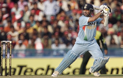 Sachin Tendulkar plays a shot against Pakistan during the second one day international cricket match in Mohali, India,Thursday, Nov. 8, 2007. Ind v Pak - 2nd ODI