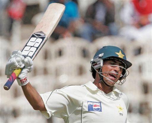 Pakistan team captain Younis Khan celebrates after scoring fifty runs during the third day of their final Test in Bangalore Monday, Dec 10, 2007. India leads the series 1-0. 3rd Test, Ind vs Pak - Day 3