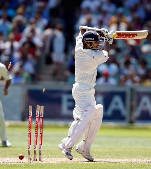Sachin Tendulkar is bowled by Stuart Clark during the second day of their first Test cricket match at the Melbourne Cricket Ground in Melbourne on Thursday, December 27, 2007. Australia made 343 in its first innings. 1st Test, Ind vs Aus - Day 2