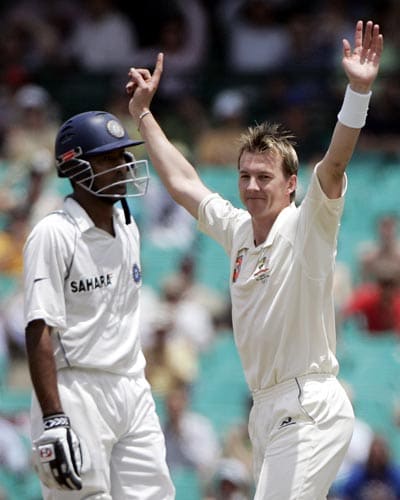 Brett Lee, right, celebrate bowling Wasim Jaffer, left, for 3 runs at the Sydney Cricket Ground on Thursday, January 3, 2008, on the second day of their second cricket Test. 2nd Test, Ind vs Aus - Day 2