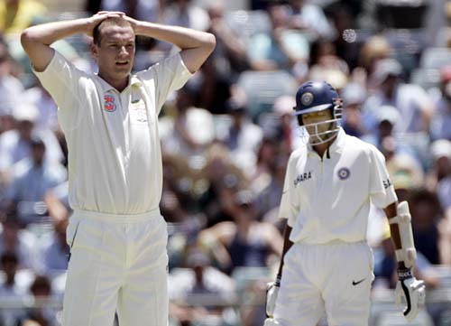 Stuart Clark, left, reacts after his LBW appeal on Wasim Jaffer was turned down at the WACA in Perth on Wednesday, January 16, 2008, on the first day of their third Test match. Australia lead the series 2-0. 3rd Test, Ind vs Aus - Day 1