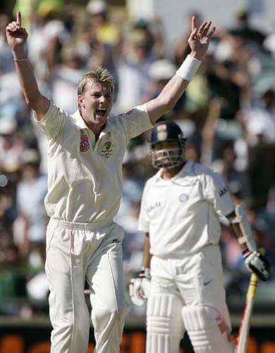 Brett Lee, left, successfully appeals for LBW on Sachin Tendulkar, right, for 71 runs at the WACA in Perth on Wednesday, January 16, 2008, on the first day of their third Test match. Australia lead the series 2-0. 3rd Test, Ind vs Aus - Day 1