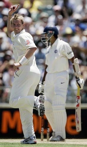 Brett Lee, left, celebrates the wicket of Wasim Jaffer, right, caught behind for 16 runs at the WACA in Perth on Wednesday, January 16, 2008, on the first day of their third Test match. Australia lead the series 2-0. 3rd Test, Ind vs Aus - Day 1