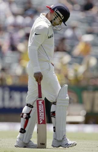 Virender Sehwag walks off after he was caught behind for 29 runs while playing against Australia at the WACA in Perth on Wednesday, January 16, 2008, on the first day of their third Test match. Australia lead the series 2-0. 3rd Test, Ind vs Aus - Day 1