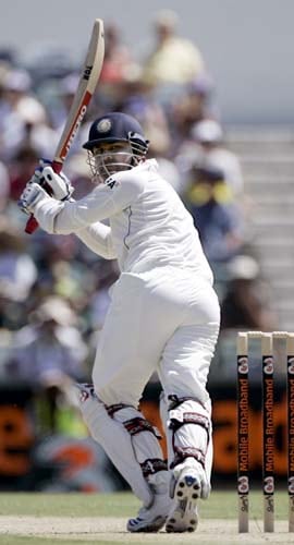 Virender Sehwag turns to watch a shot he played against Australia at the WACA in Perth on Wednesday, January 16, 2008, on the first day of their third Test match. Australia lead the series 2-0. 3rd Test, Ind vs Aus - Day 1