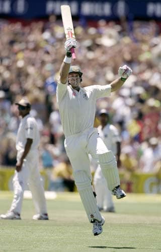 Matthew Hayden celebrates making 100 runs against India at the Adelaide Oval, Australia on Saturday, January 26, 2008, on the third day of their fourth Test. India made a first innings of 526. 4th Test, Ind vs Aus - Day 3