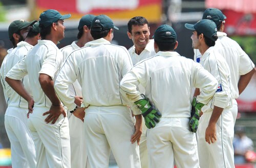 Younus Khan celebrates with teammates the dismissal of Tharanga Paranavitana on the second day of the third and final Test at The Sinhalese Sports Club in Colombo. (AFP Photo) Pak vs SL: 3rd Test, Day 2