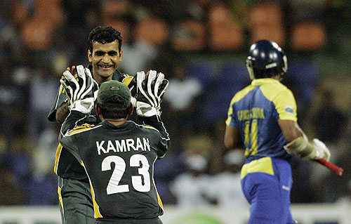 Rao Iftikhar Anjum celebrates the dismissal of Kumar Sangakkara, during their fourth One-Day International in Colombo. (AP Photo) Pak vs SL: 4th ODI