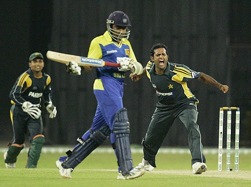 Naved -Ul- Hasan celebrates the dismissal of Mahela Jayawardene during their fourth One-Day International in Colombo. (AP Photo) Pak vs SL: 4th ODI