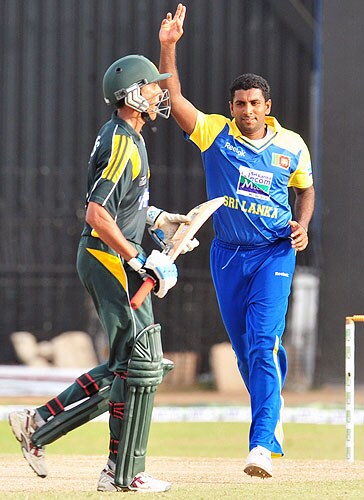 Dammika Prasad celebrates after the dismissal of Younus Khan during the fifth and final One-Day International match between Sri Lanka and Pakistan at The R Premadasa Stadium in Colombo. (AFP Photo) Pak vs SL: 5th ODI