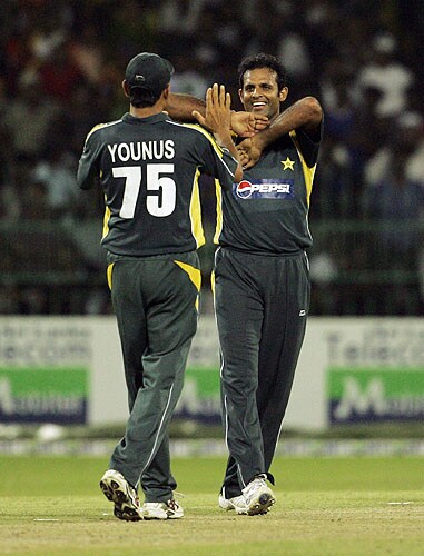 Naved-ul-Hasan celebrates the dismissal of Anjelo Mathews during their final One-Day International match in Colombo. (AP Photo) Pak vs SL: 5th ODI