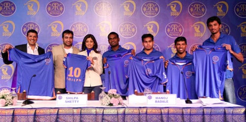 Siddharth Trivedi, Swapnil Asnodkar, Neeraj Patel and Dinesh Salunkhe with Shilpa Shetty, Raj Kundra and Manoj Badale unveiling the new sports gear for Rajasthan Royals on Saturday. (CricketNDTV.com)