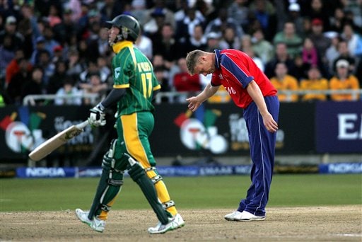 England's Andrew Flintoff, right, shows South Africa's AB De Villiers, left, off the after he was caught behind by England's Matthew Prior, not seen, during World Twenty 20 cricket Championships at Newlands in Cape Town, South Africa, Sunday, Sept. 16, 2007. South Africa vs England