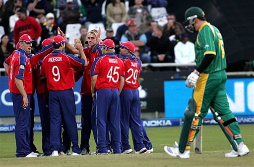 England's Stuart Broad is surrounded by his teammates after dismissing South Africa's Greame Smith during World Twenty 20 cricket Championships at Newlands in Cape Town, South Africa, Sunday, Sept. 16, 2007. South Africa vs England