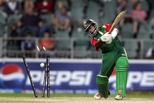 Bangladesh's batsman Aftab Ahmed is bowled by Sri Lanka's bowler Dilhara Fernando, unseen, during their Super Eight Twenty20 World Championship cricket match at the Wanderers Stadium in Johannesburg, South Africa, Tuesday, Sept. 18, 2007. Sri Lanka vs Bangladesh