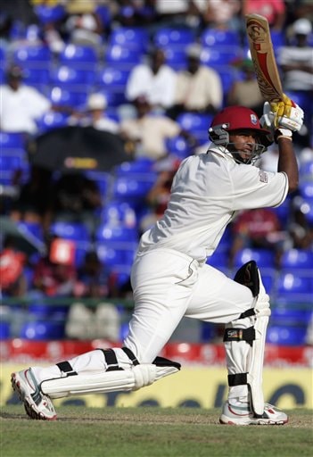 West Indies batsman Ramnaresh Sarwan bats against India on the first day of the third cricket test match at St. Kitts. Ind-WI 3rd Test Day 1
