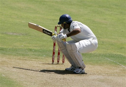 India's batsman VVS Laxman ducks to avoid a bouncer bowled by the West Indies Jerome Taylor during the fourth cricket Test at Kingston. Ind-WI 4th Test Day 1