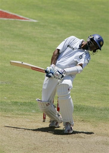 India's captain Rahul Dravid bends to avoid a bouncer bowled by the West Indies Corey Collymore during the fourth cricket Test at Kingston. Ind-WI 4th Test Day 1