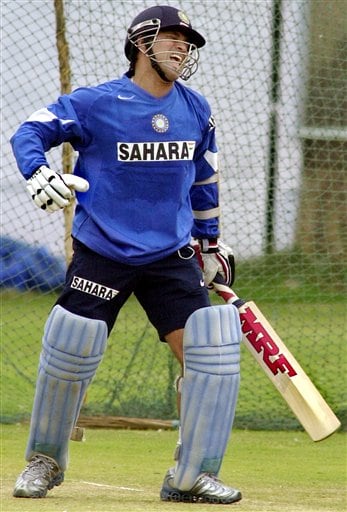 Master Blaster Sachin Tendulkar reacts after playing a shot during a training camp as the Indian cricket team prepares for the tri-nation series in Malaysia. India gears up for DLF Cup