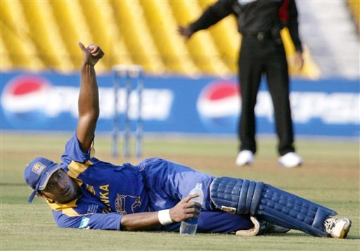 Sri Lankan cricketer Kumar Sangakkara displays a thumbs up after he was declared not out after an appeal by Zimbabwe during the ICC Champions Trophy's qualifying match in Ahmedabad on Tuesday. ICC CT Sri Lanka-Zimbabwe