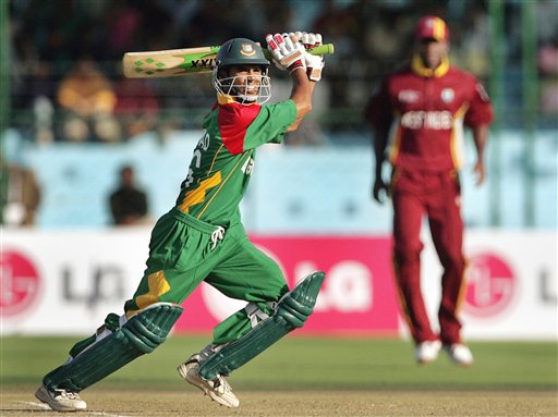 Bangladesh's Aftab Ahmed bats during the one-day international cricket match against West Indies for the ICC Champions Trophy, in Jaipur on Wednesday. ICC CT WI-Bangladesh