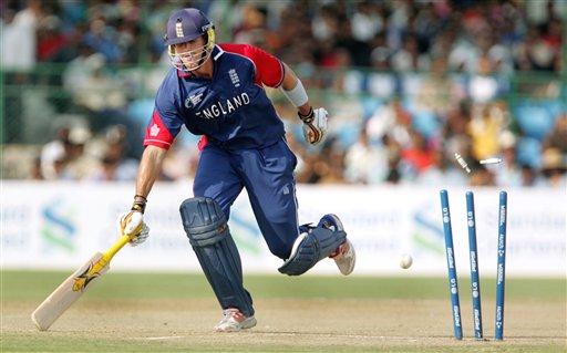 Bails for England's Kevin Pietersen goes off after an unsuccessfull attempt of run out during the one day international cricket match for the ICC Champions Trophy in Jaipur on Sunday. ICC CT India-England
