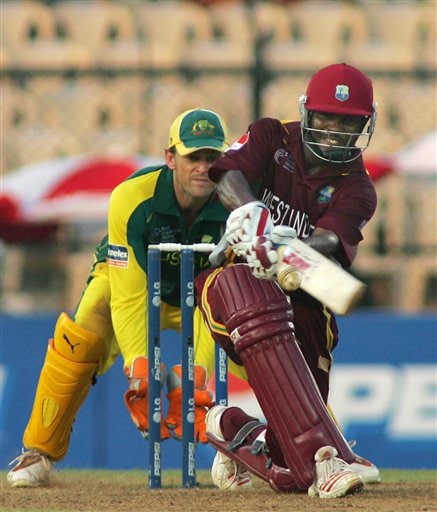 West Indian captain Brian Lara sweeps a ball against Australia in their one day international cricket match in Mumbai ICC CT WI-Aus