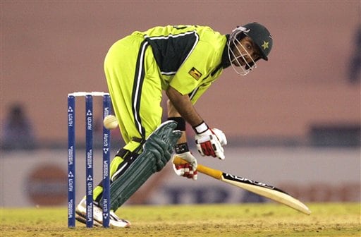 Pakistan's Shoaib Malik watches the ball after missing a shot against New Zealand during a one day international cricket match for the ICC Champions Trophy in Mohali ICC CT NZ-Pak