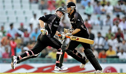New Zealand's Scott Styris, left, and Stephen Fleming run between the wickets against Pakistan during the one day international cricket match for the ICC Champions Trophy in Mohali ICC CT NZ-Pak