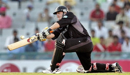 New Zealand's Scott Styris plays a shot agianst Pakistan during the one day international cricket match for the ICC Champions Trophy in Mohali ICC CT NZ-Pak