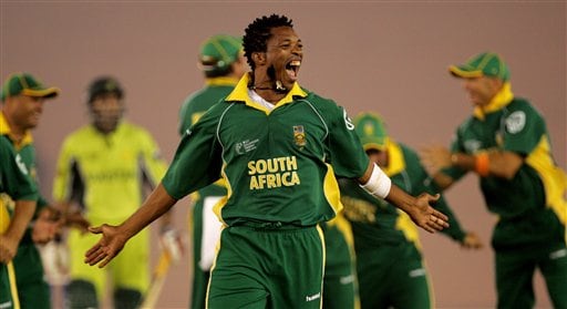 South Africa's Makhaya Ntini celebrates the dismissal of Pakistan's Shoaib Malik, unseen, during the one-day international cricket match for the ICC Champions Trophy in Mohali on Friday. ICC CT Pak-SA