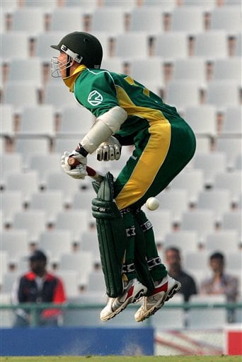 South Africa's Abraham De Villiers reacts in pain after a ball hit him while playing a shot against Pakistan during the one-day international cricket match for the ICC Champions Trophy in Mohali on Friday. ICC CT Pak-SA