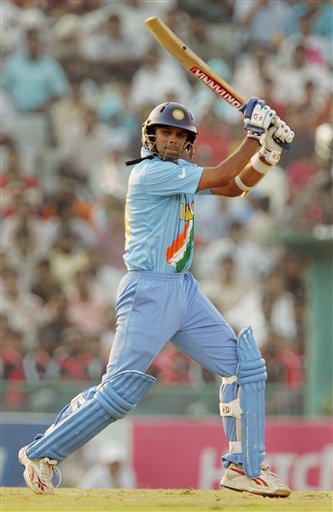 India's Rahul Dravid plays a shot against Australia during the one day international cricket match for the ICC Champions Trophy in Mohali on Sunday. ICC CT Ind-Aus
