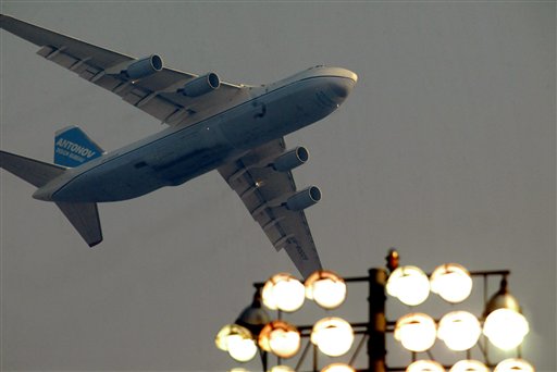 A huge aircraft flying low over the stadium while Australia and India play the one day international cricket match for the ICC Champions Trophy in Mohali on Sunday. ICC CT Ind-Aus