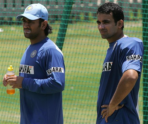 India's cricket player Mahendra Dhoni, left, with teammate Zaheer Khan, right, during the net practice in Benoni, South Africa. India gears up for SA