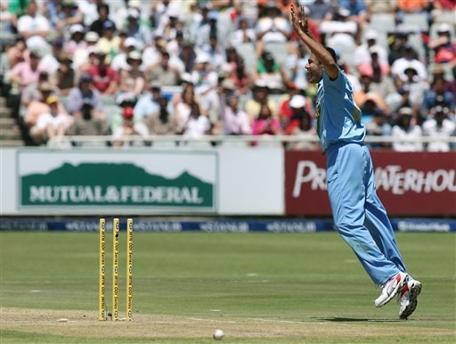 India's Anil Kumble reacts after the run out of South Africa's Mark Boucher, unseen, during their third one-day international in Cape Town, South Africa, Sunday, Nov 26, 2006. 3rd ODI: SA beat India