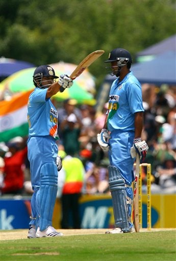 Indian batsman Sachin Tendulkar (left) celebrates his 50 against South Africa in the final ODI at Supersport Park, Centurion on Sunday. 5th ODI: Ind vs SA