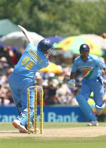 Indian batsman Anil Kumble gets bowled out by Makaya Ntini during the final ODI at Supersport Park, Centurion on Sunday. 5th ODI: Ind vs SA