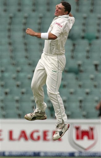 South Africa's bowler Andre Nel, airborne, as he celebrates dismissing India's Anil Kumble, unseen, during the third day of the 1st cricket test match against India's second innings at the Wanderers stadium in Johannesburg, South Africa. Ind-SA 1st Test Day 3