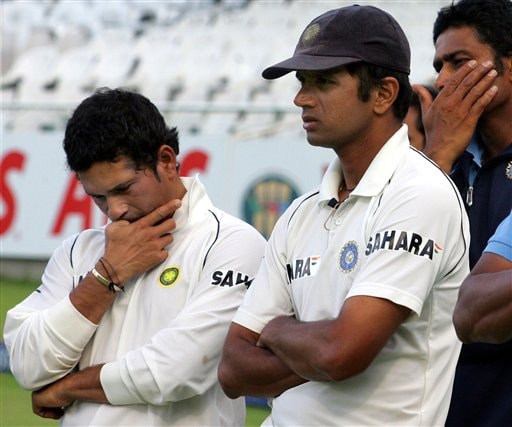 India's Sachin Tendulkar, left, and Rahul Dravid, look on during the winners presentation after losing by 5 wickets the 3rd test and the series against South Africa at Newlands stadium in Cape Town Ind-SA 3rd Test Day 5
