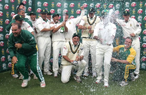 South Africa's cricket team celebrates after winning by 5 wickets the 3rd test and the series against India at Newlands stadium in Cape Town Ind-SA 3rd Test Day 5
