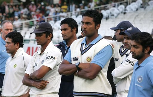 India's dejected cricket team looks on during the winners presentation after loosing by 5 wickets the 3rd test and the series against South Africa at Newlands stadium in Cape Town Ind-SA 3rd Test Day 5
