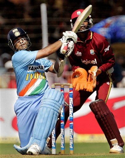 India's Sachin Tendulkar plays a shot against West Indies during the fourth one day international cricket match in Vadodara, India. Ind-WI 4th ODI
