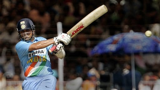 India's Sachin Tendulkar plays a shot against West Indies during the fourth one day international cricket match in Vadodara, India. Ind-WI 4th ODI