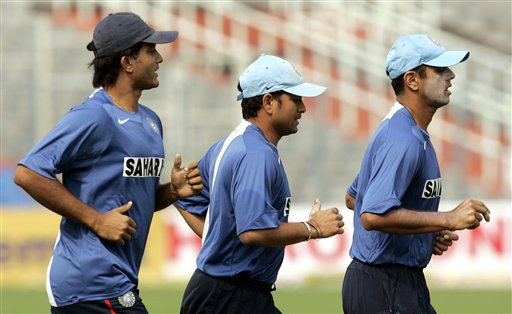 India's Rahul Dravid, right, Sachin Tendulkar, center, and Sourav Ganguly jog during a practice session a day before the first one day international cricket match against Sri Lanka in Kolkata, India, Wednesday February 7, 2007. India, SL gear up